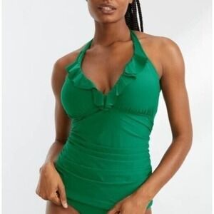 Birdsong Size 32DD Ruffle Halter Underwire Tankini Swim Top Emerald Green Ruched